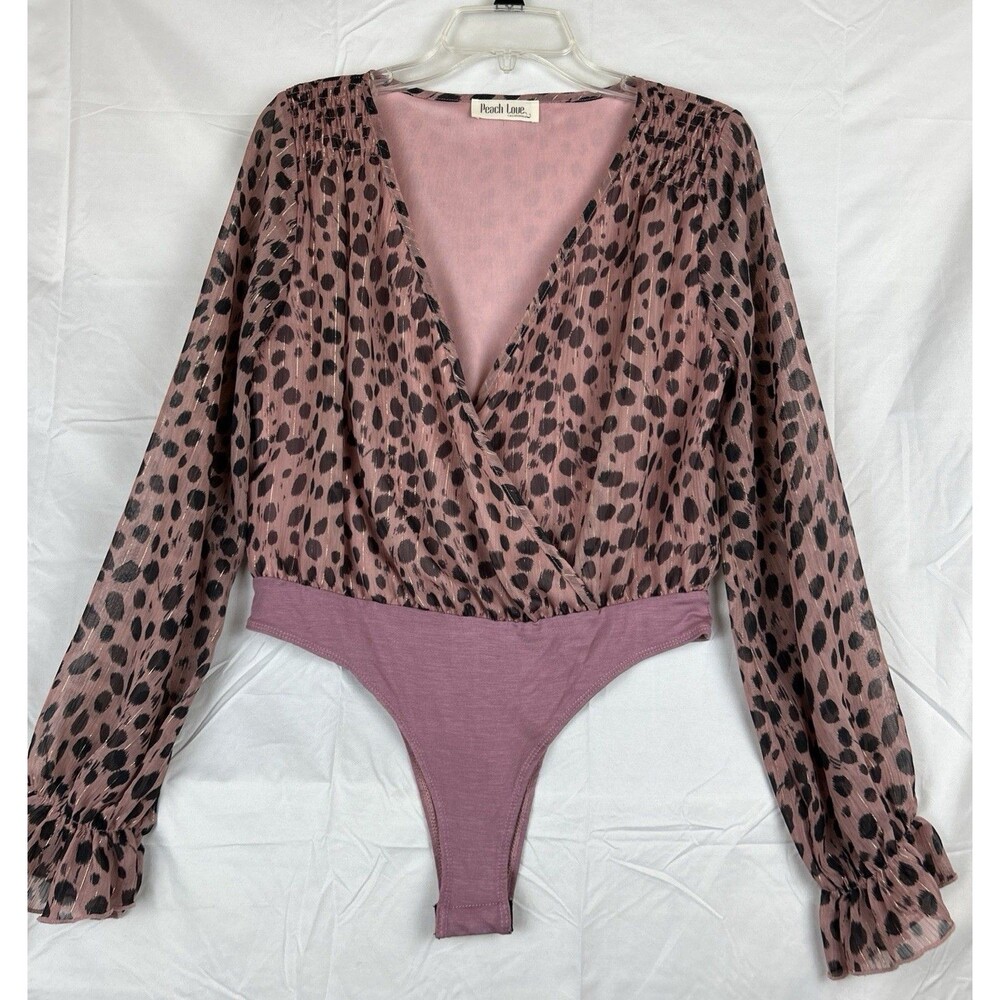 Peach Love California Women's Large Wrap Bodysuit Pink With Gold Accents Sheer